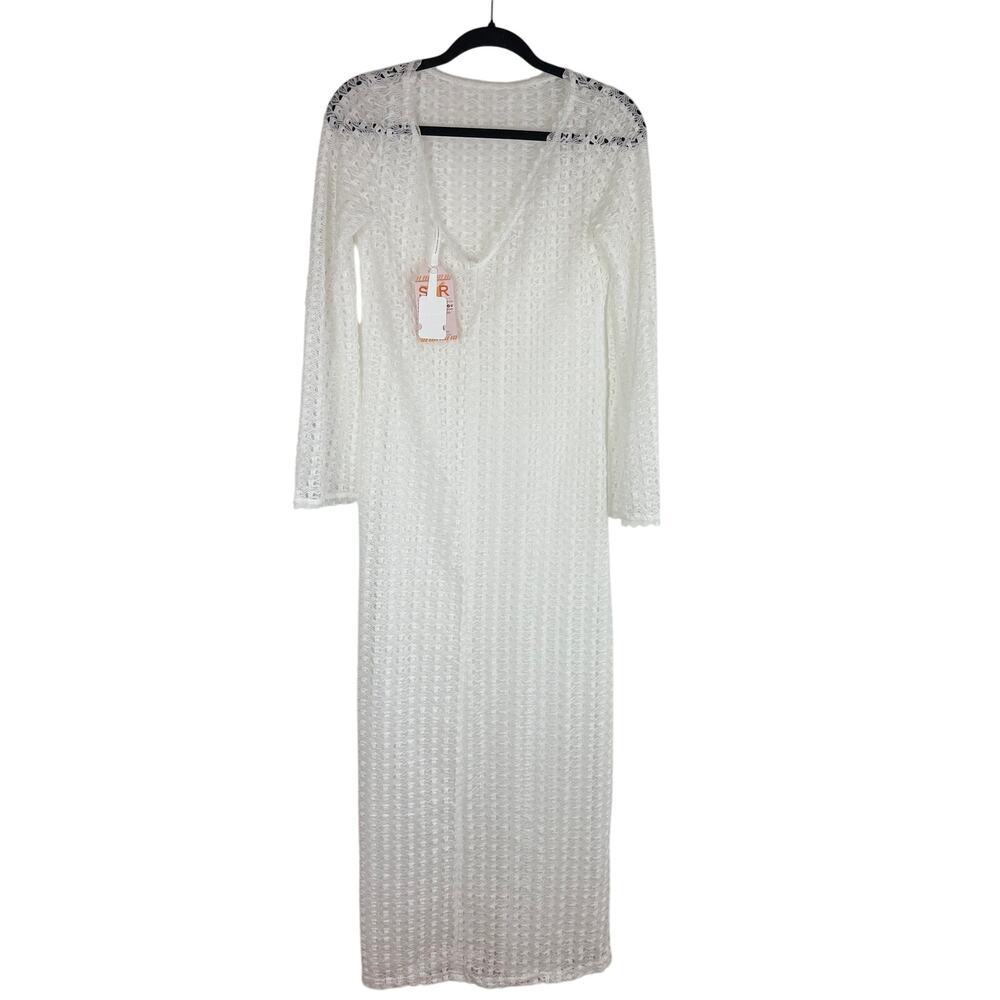 NWT Sunfere Womens Long Sleeve Open Knit Crochet Swimsuit White Cover-Up Dress